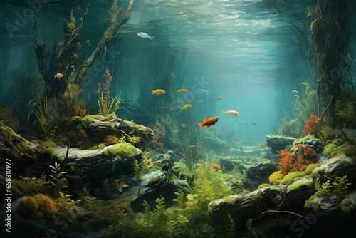 An aquatic environment with log and diverse fish swimming, while climate changes. Generative AI