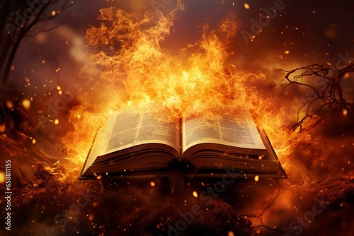 Burning holy book amidst fiery nature background depict destruction and divine presence. Generative AI