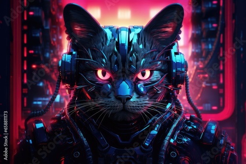 Futuristic black cat with neon lights. Cyberpunk style. Created with Generative AI tools © DIGITALSHAPE
