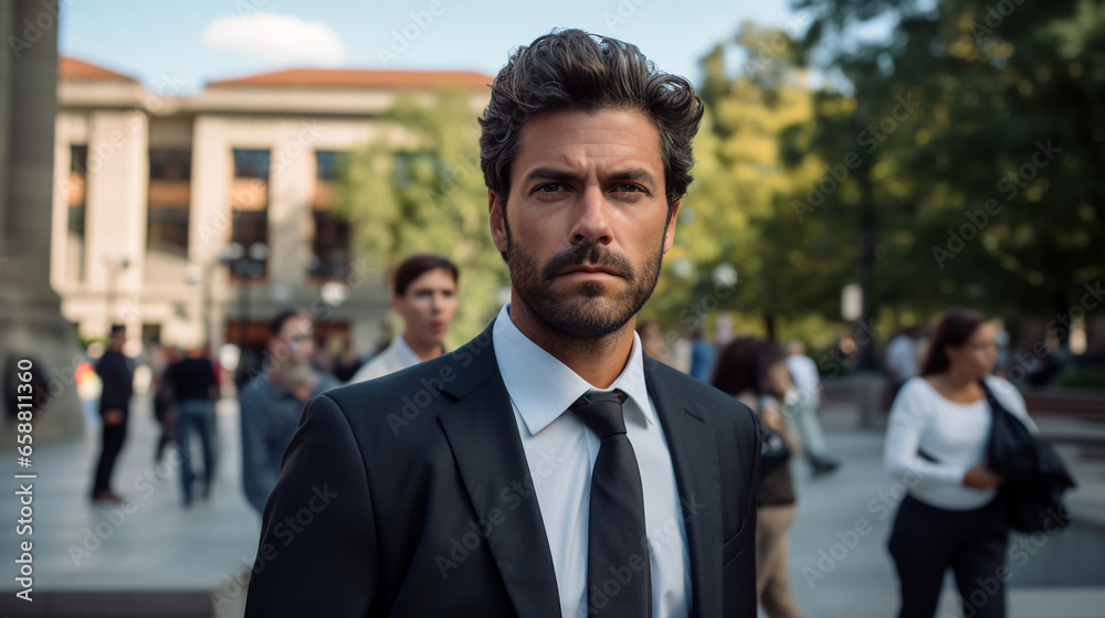 a male legal advocate stands outside a courthouse, legal documents in hand, his determined expression and eloquent advocacy reflecting his role in representing clients