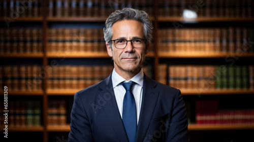 an accomplished male lawyer stands in front of a bookshelf lined with legal tomes, his confident posture and attentive eyes symbolizing his dedication photo