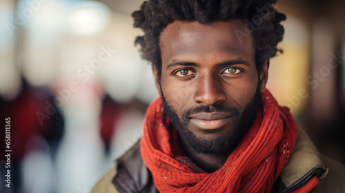 a male refugee support worker assists displaced individuals, aid resources and diverse cultural symbols around him