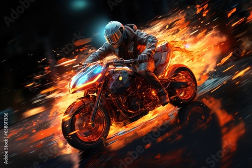 Motorcyclist on a motorcycle in the flames of the night city. Created with Generative AI tools