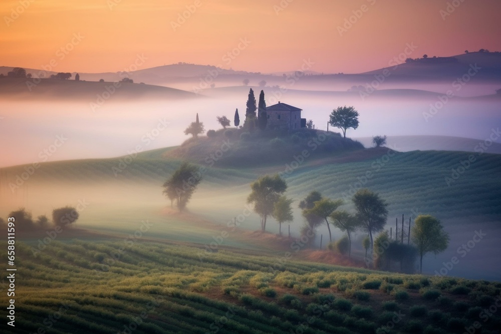 stunning misty Tuscan scenery. Generative AI