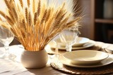 Beautiful table setting with wheat ears in vase, closeup. Created with Generative AI tools