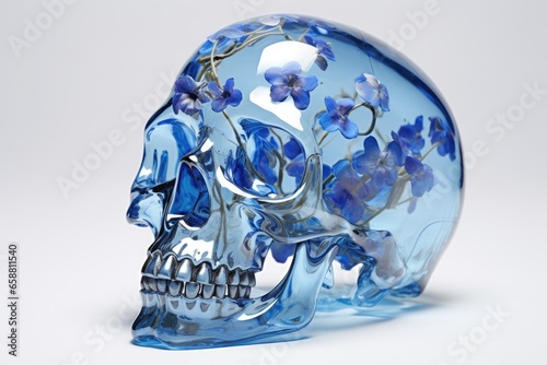Skull with blue flowers on a white background. Created with Generative AI tools