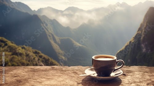 cup of delicious coffee and a mountainous landscape background