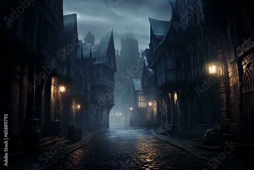 A spooky medieval street with a sinister atmosphere, engulfed in fog during dusk. Generative AI photo