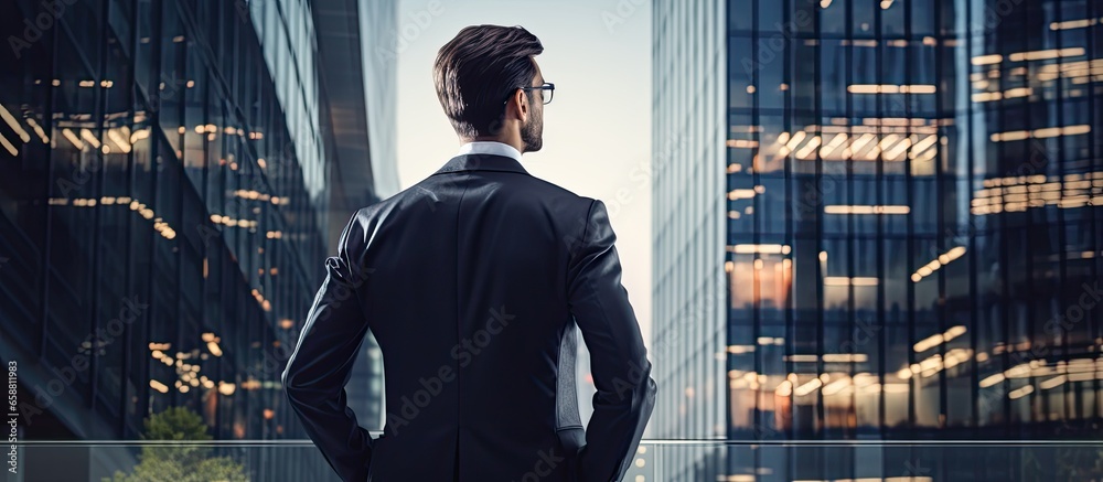 Fototapeta premium Male architect observing his designed bank building while intelligent businessman envisions company success post meeting With copyspace for text