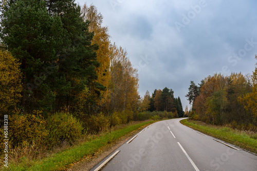 autumn view of a road with a bend to the right
