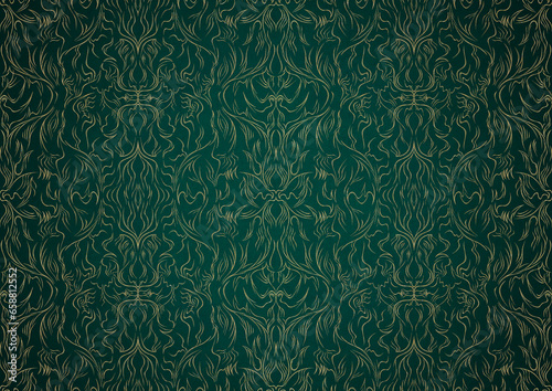 Hand-drawn unique abstract gold ornament on a dark green cold background, with vignette of darker background color. Paper texture. Digital artwork, A4. (pattern: p11-1b)