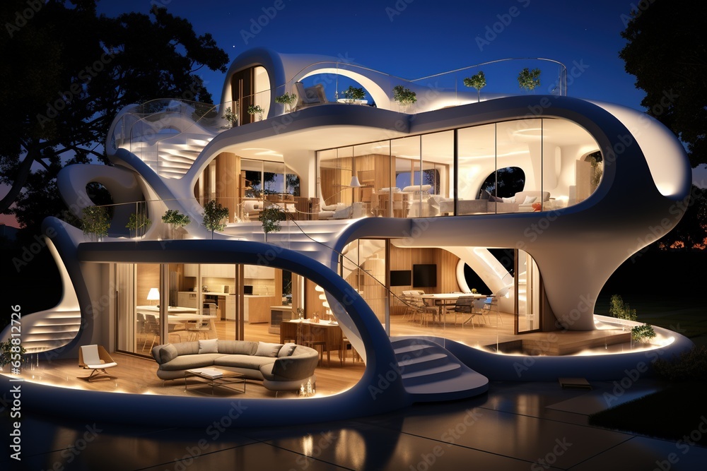 House of the Future. Alternative creative planning design architecture innovative modern modernized buildings. the skill and science of constructing, designing buildings and structures. - obrazy, fototapety, plakaty 