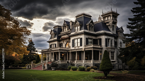 Luxury mansion with dramatic sky. Classic rich people home. Amazing architecture with garden.