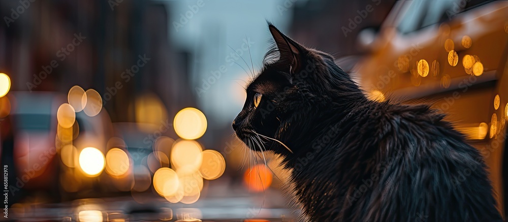 Blurred motion photo of a black homeless cat crossing the street among cars With copyspace for text