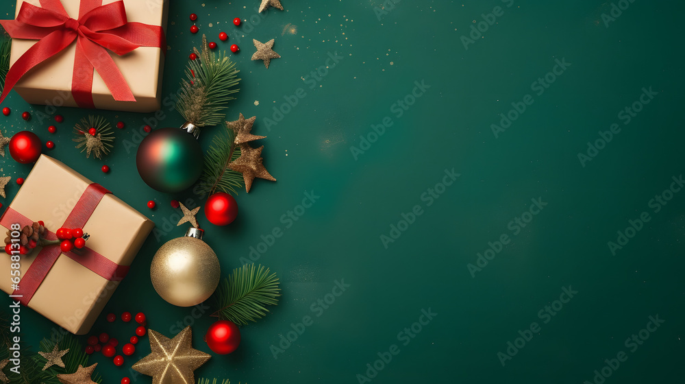 Season's greetings scene. Top-view of boxes tied with bows, Christmas decorations, balls, rustic star, holly berries, frosty spruce branches, confetti on green backdrop, perfect for messages or promo