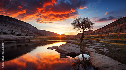 a lone tree stands on a rock in a lake