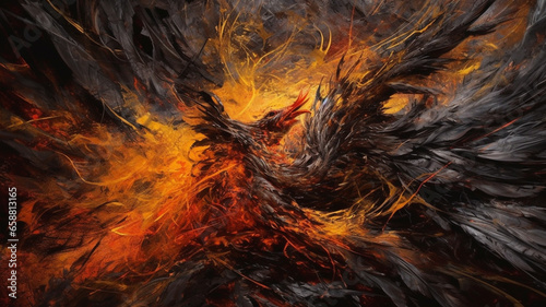 a painting of a bird with a fiery flame