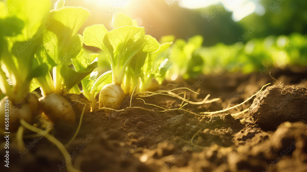 Obraz premium Close-up of vegetables growing in the garden. The concept of agriculture, farming and growing natural organic produce. 
