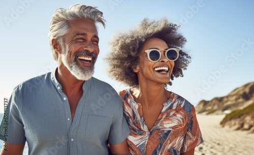  Active old age. An elegant middle-aged elderly couple, dressed in modern clothes, leads an active lifestyle. They smile while hiking, reflecting the full retirement of a Latin American immigrant.