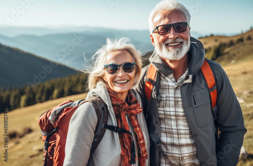 Active old age. An elegant middle-aged elderly couple, leads an active lifestyle. They smile while hiking in the mountains, enjoying the beauty of nature during their active retirement. 