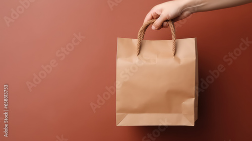 Closeup of paper bag with ready to eat food in hands of courier. Package template for takeaway food, fast food delivery and restaurant meals. 
