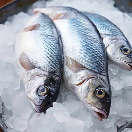 Close-Up: Three Fish in Ice-Filled Box at Market