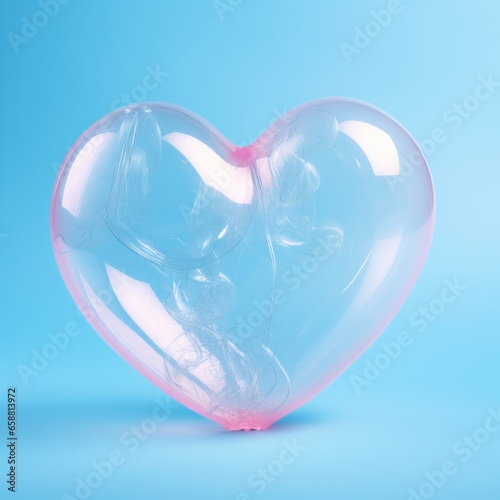 Transparent heart, balloon on blue background.