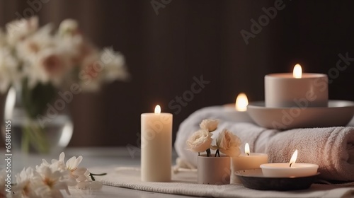 Spa salon. Spa supplies, burning candle and flower on table in beauty salon