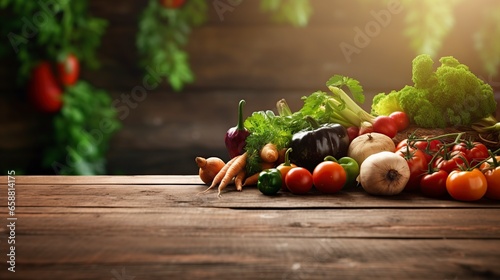 wooden table with fresh organic vegetables, copy space