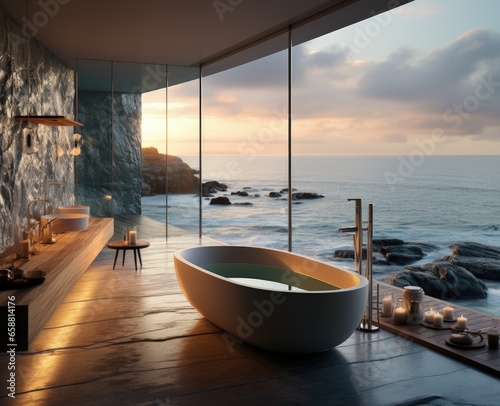 Bathroom design planning, luxury style flawless , relaxing place with a view of the sea scenery, magnificent original design. Toilet room for hygiene, space for spa.