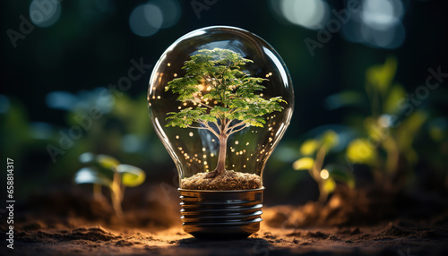 Lamp with green tree inside with energy resources icon. Electricity and energy saving concept. Sustainable development, ecology and environmental protection, Earth Day, Renewable energy and recycling,