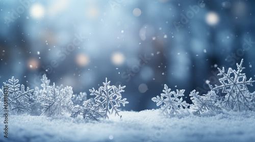 Festive Winter Wonderland, Snowflakes and Bokeh Lights Illuminate Christmas Background © ELmidoi-AI