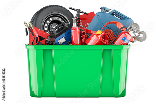 Plastic box full of auto tools, equipment and accessories. 3D rendering isolated on transparent background photo