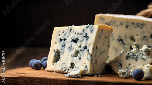 Blue gorgonzola cheese on rustic wooden background
