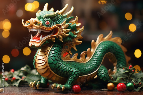 Golden Dragon Dance, Traditional Chinese New Year Symbol on Festive Bokeh background © NE97