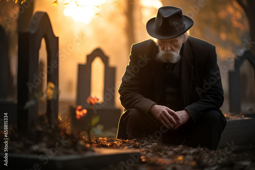 Sad senior man grieving the loss of his loved one on a cemetery on autumn evening. Depressed elderly man by the headstone of his wife in graveyard. All Saints Day. © MNStudio