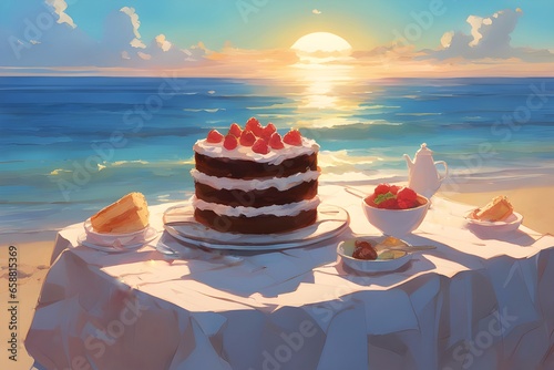Linda ilustração digital de bolo de aniversário na beira da praia Brasileira. Arte comemorando o aniversário no litoral do brasil. Desenho de bolo festivo na praia tropical no por do sol.