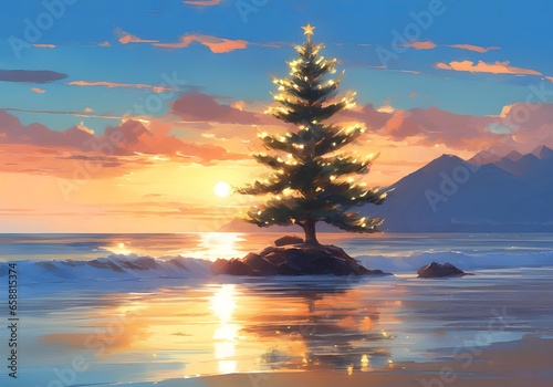 Beautiful digital illustration of a large decorated and brightly lit Christmas tree on the edge of the Brazilian beach. Art celebrating Christmas on the coast of Brazil. Tropical Christmas celebration © SuperTittan