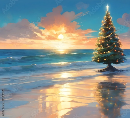 Beautiful digital illustration of a large decorated and brightly lit Christmas tree on the edge of the Brazilian beach. Art celebrating Christmas on the coast of Brazil. Tropical Christmas celebration