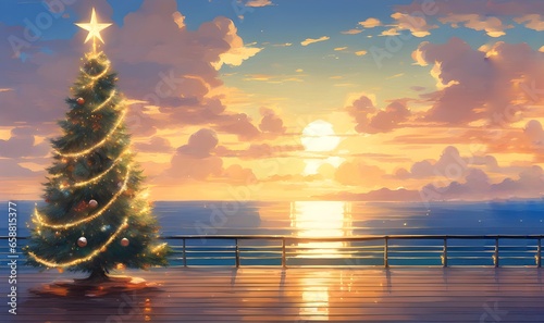 Linda ilustração digital de grande árvore de natal enfeitada e super iluminada na beira da praia Brasileira. Arte comemorando o natal no litoral do brasil. Desenho dos festejos natalinos tropical. photo