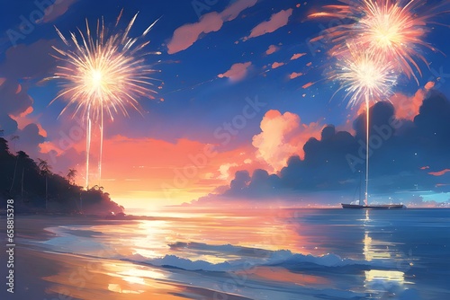 Linda ilustração digital de fogos de artificio na beira da praia Brasileira. Arte da comemoração de ano novo no litoral do brasil. estouro de fogos de ano novo na areia do mar.