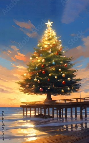 Linda ilustração digital de grande árvore de natal enfeitada e super iluminada na beira da praia Brasileira. Arte comemorando o natal no litoral do brasil. Desenho dos festejos natalinos tropical.