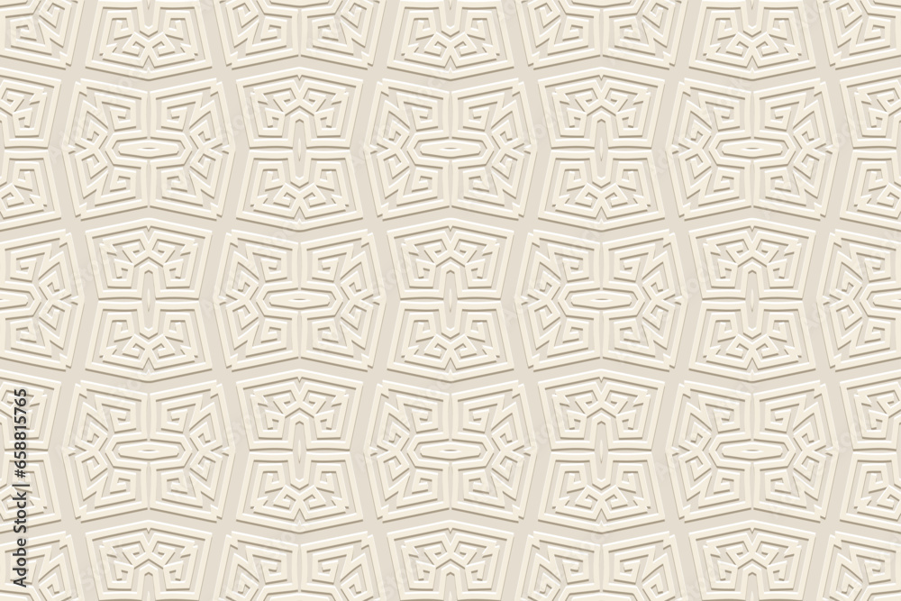 Embossed light background, tribal cover design. Ethnic geometric 3D Greek pattern, meander. Elegant texture. Vintage abstract themes of the East, Asia, India, Mexico, Aztec, Peru. Embossed light background, tribal cover design. Ethnic geometric 3D Greek pattern, meander. Elegant texture. Vintage abstract themes of the East, Asia, India, Mexico, Aztec, Peru.