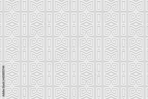 Embossed white background, tribal cover design. Ethnic geometric 3D Greek pattern, meander. Decorative texture. Vintage abstract themes of the East, Asia, India, Mexico, Aztec, Peru.