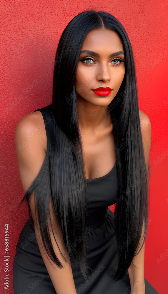A beautiful tanned model woman with a black dress A beautiful tanned model woman with a black dress