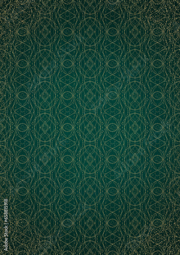 Hand-drawn unique abstract gold ornament on a dark green cold background, with vignette of darker background color and splatters of golden glitter. Paper texture. A4. (pattern: p10-2f)