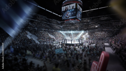 Sport arena with fans and shining spotlights. Fighting Championship. Full tribune. MMA octagon. Digital sport 3D. MMA cage night. Fight night