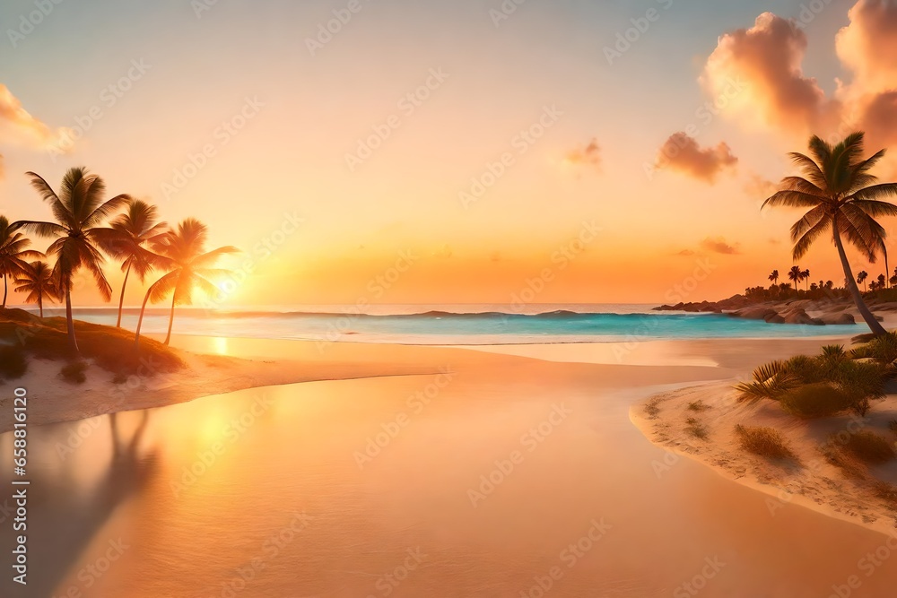 A photorealistic 3D rendering of a panoramic beach landscape at sunset.