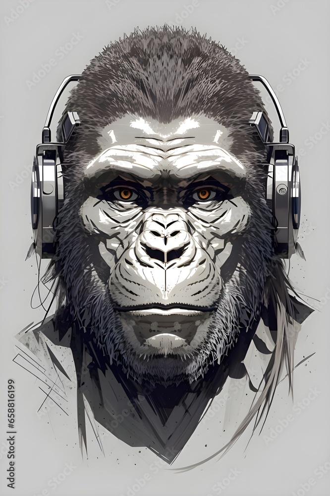 portrait of a orangutan with headphones