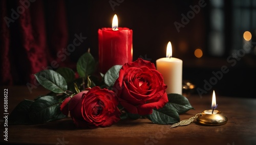 Romantic scene of roses and candles on a dark background